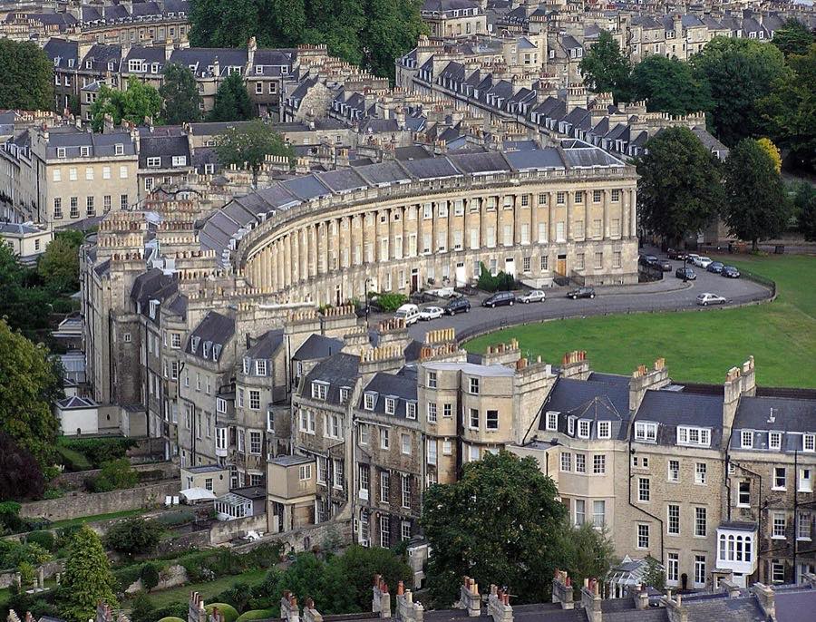 Aerial view of Bath showing the Royal Crescent and surrounding Georgian terraces built as unified developments